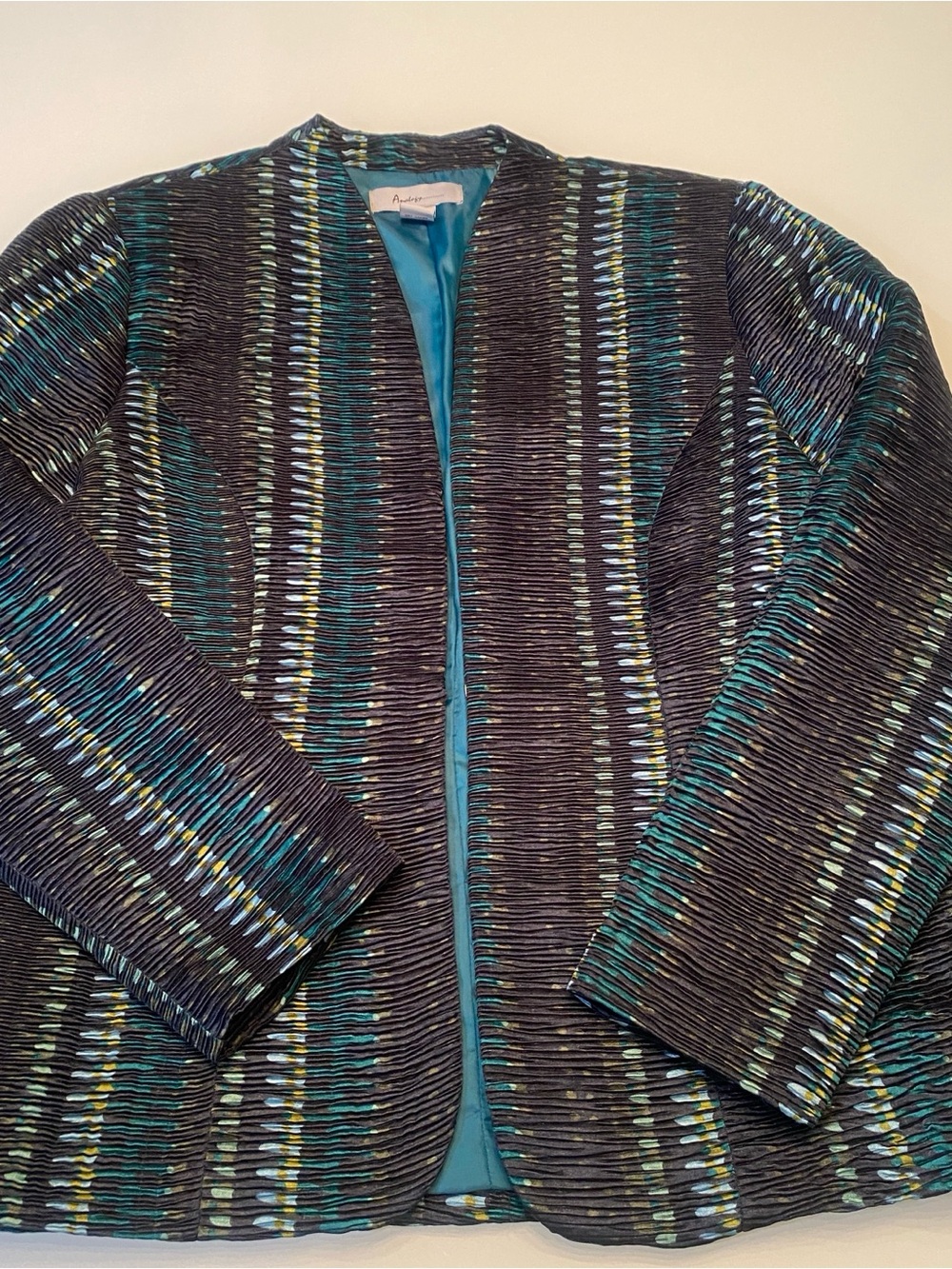Analogy Metallic Teal Plisse Pleated Hook Eye Open Front Jacket Blazer Medium M